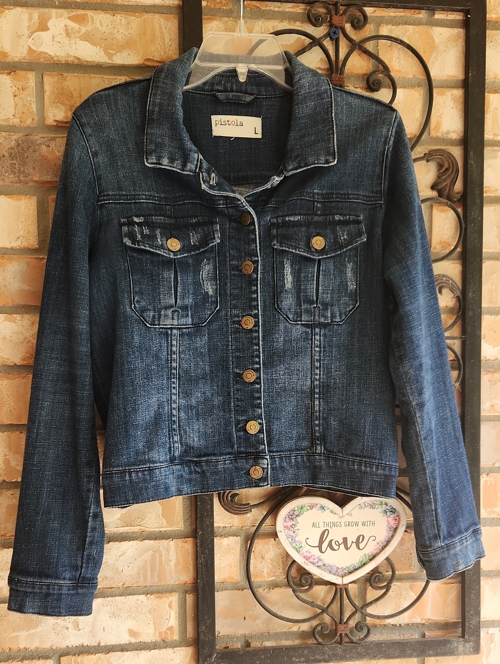 Pistola Boyfriend Style Medium Wash Distressed Trucker Denim Jacket L